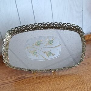 Elegant Floral Glass Tray with Gold Accents
